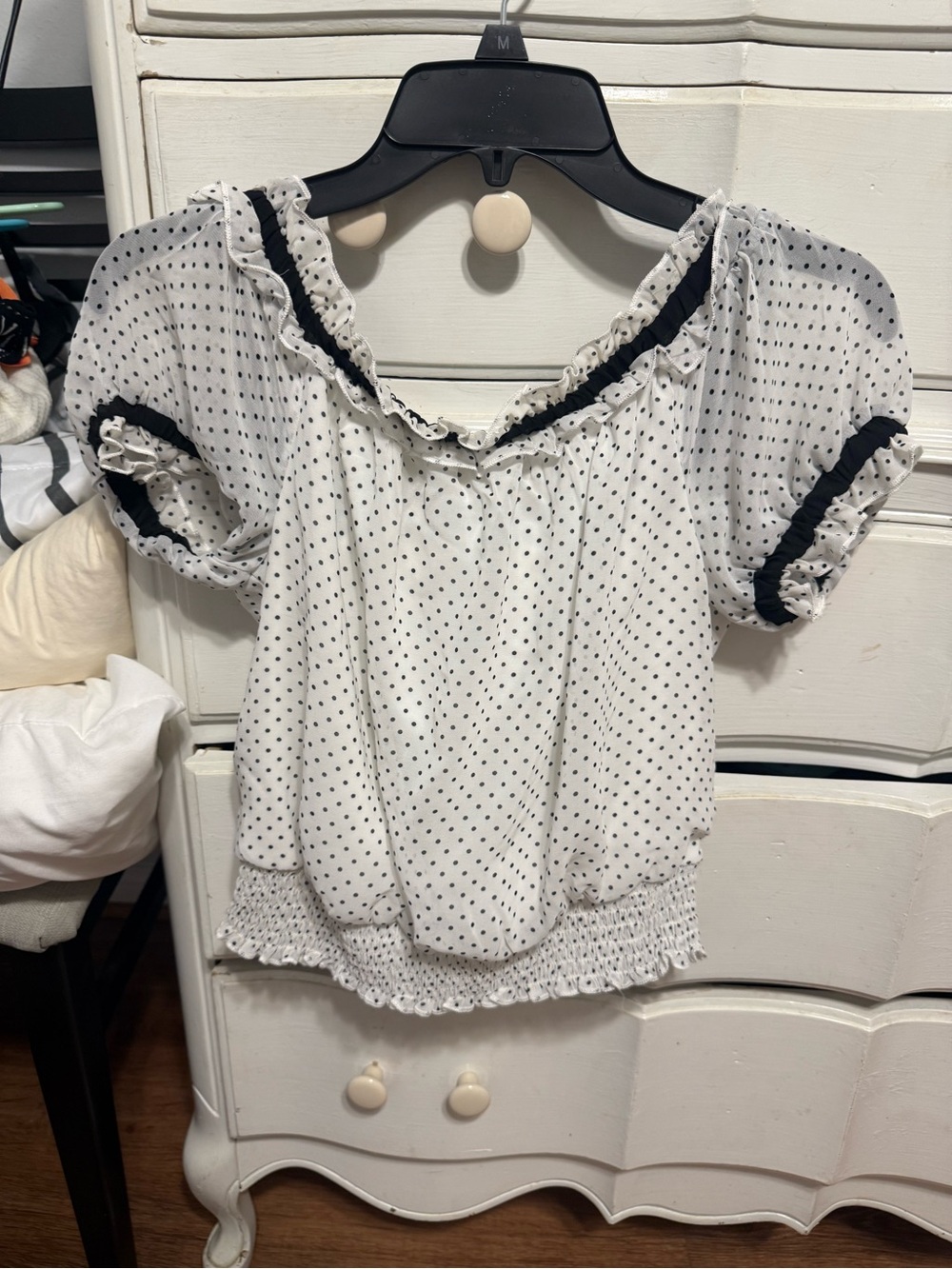 Lily White White Polka Dot Ruffle Off-Shoulder Blouse